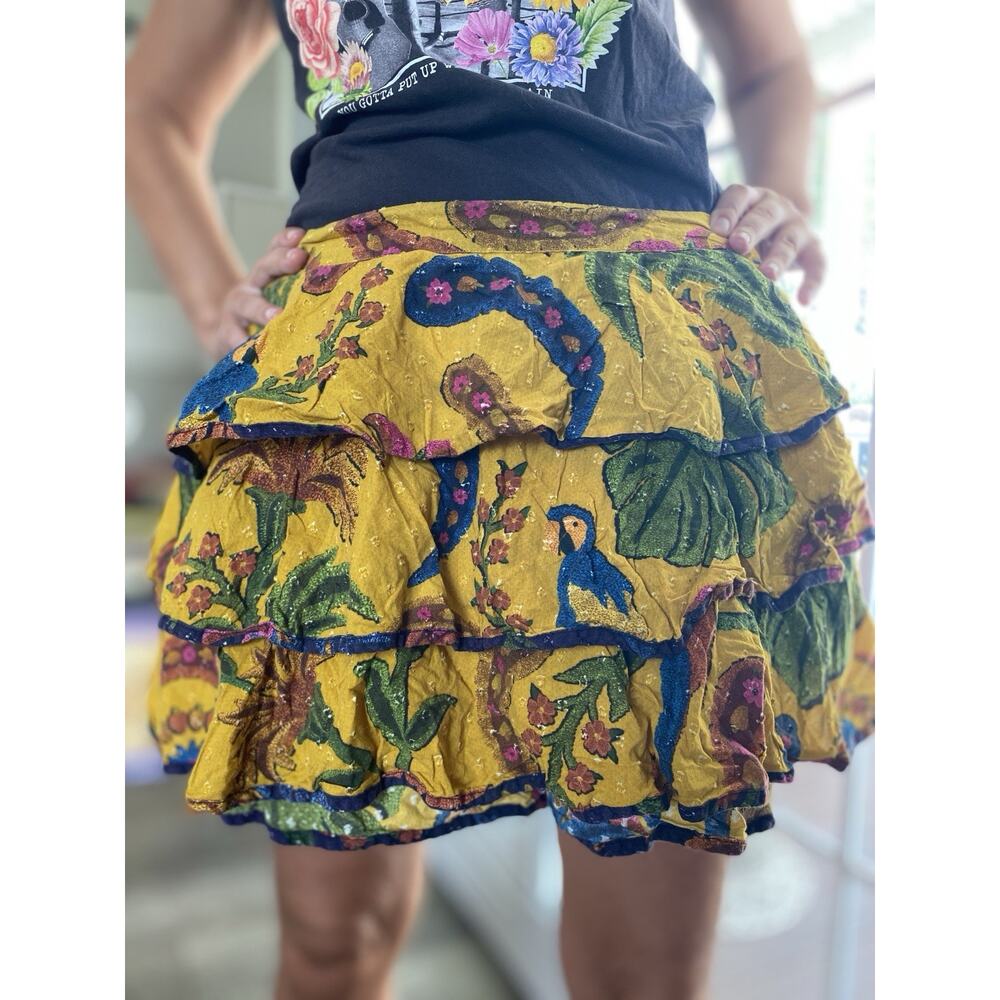FARM RIO Yellow Tropical Tapestry layered Mini Skirt Cotton M